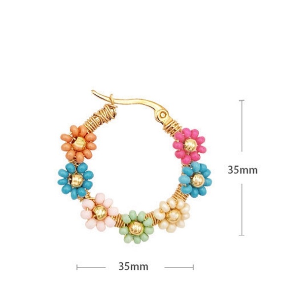 Hoop Earrings in Gold with Pastel Flowers Pink, Blue, Green. OS - Picture 3 of 5